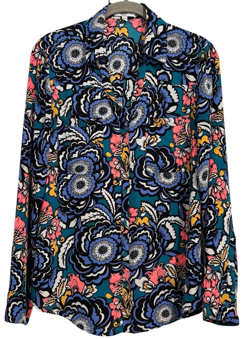 Express The Portofino Shirt Women's Medium Slim Fit Floral Print Blouse Top